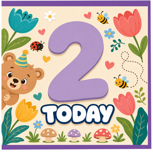 2nd Birthday Card, Cute Teddy Bear and Flowers Today Design