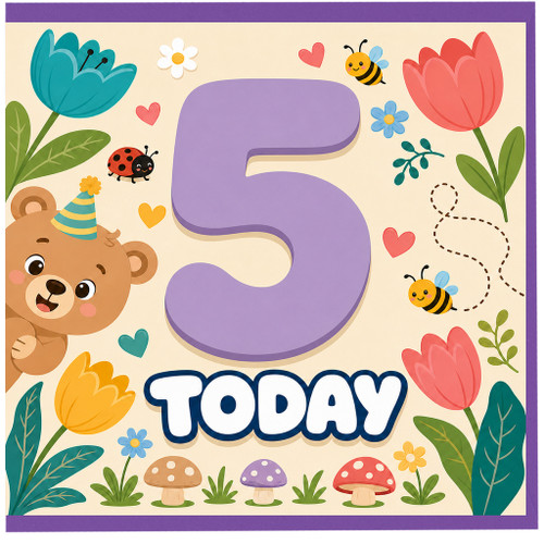 5th Birthday Card, Cute Bear and Flowers Today Card