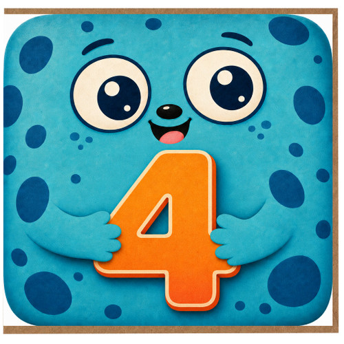 4th Birthday Card, Cute Blue Cartoon Character Holding Number 4