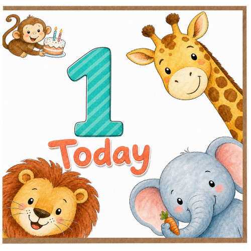 1st Birthday Card, Cute Animal Safari Today Design