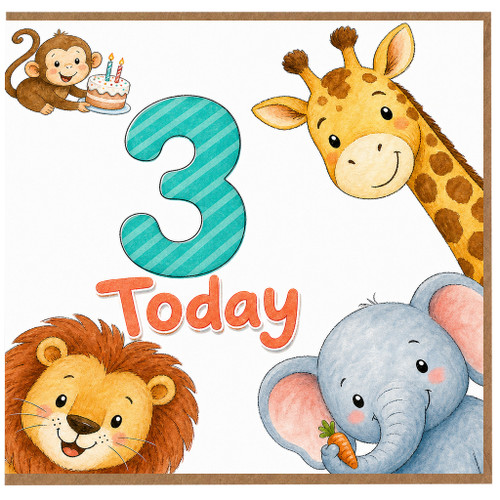 3rd Birthday Card, Cute Jungle Animals Today Card