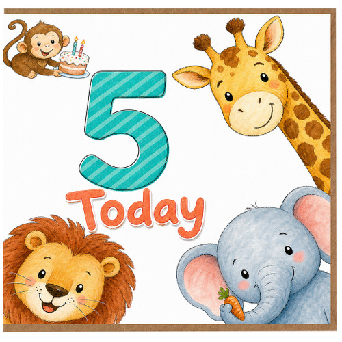 5th Birthday Card, Cute Safari Animals Design