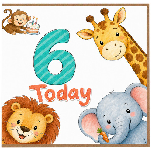 6th Birthday Card, Cute Jungle Animals Today Card