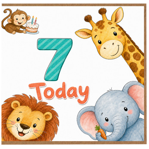 7th Birthday Card, Cute Safari Animals Birthday Card