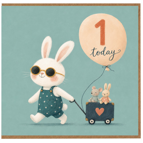 1st Birthday Card, Cute Bunny Balloon Card
