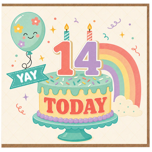 14th Birthday Card, Yay Today Cake and Balloon Design