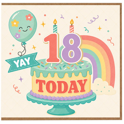 18th Birthday Card, Cute Rainbow Cake YAY Design