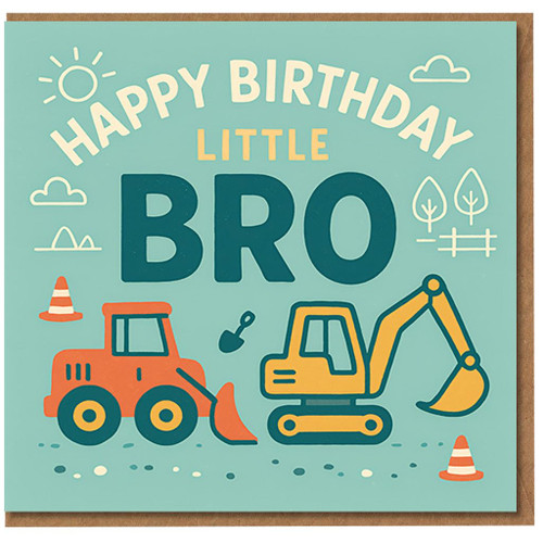 Little Brother Birthday Card - Cute Construction Trucks Design - Digger and Bulldozer - Happy Birthday Little Bro - Kids Brother Card