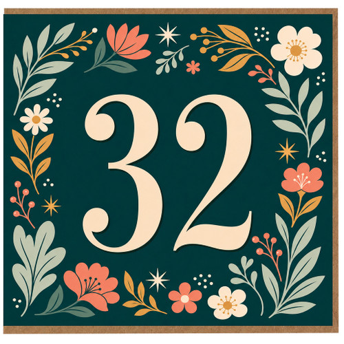 32nd Birthday Card, Floral Number 32 Card