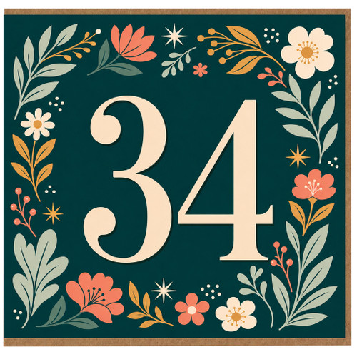 34th Birthday Card, Floral Number 34 Card