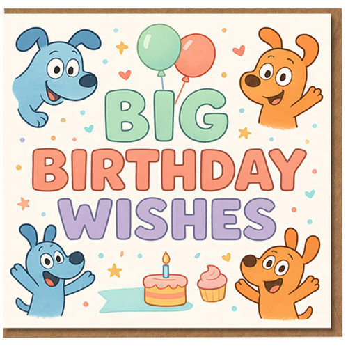 Big Birthday Wishes Card - Cute Cartoon Dogs, Colourful Balloons and Cake - Fun Kids Children Birthday Greeting Card - Blank Inside - Square