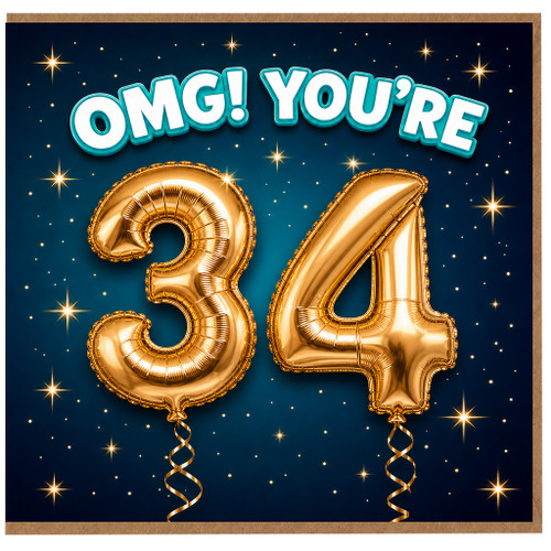 34th Birthday Card, OMG! You're 34 Gold Balloon Design