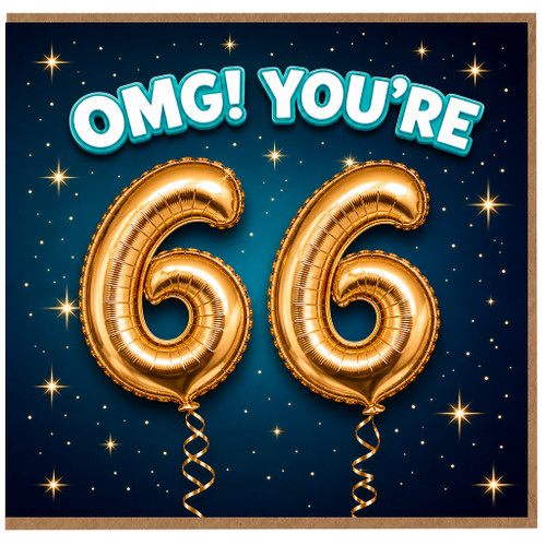 66th Birthday Card, OMG You’re 66 Gold Balloon Design