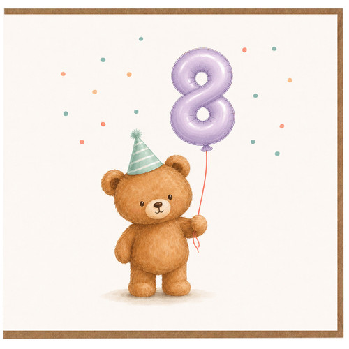 8th Birthday Card, Cute Teddy Bear Balloon Card