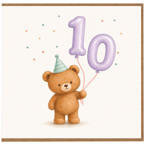 10th Birthday Card, Cute Teddy Bear with Balloons