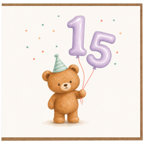 15th Birthday Card, Cute Teddy Bear Balloon Design