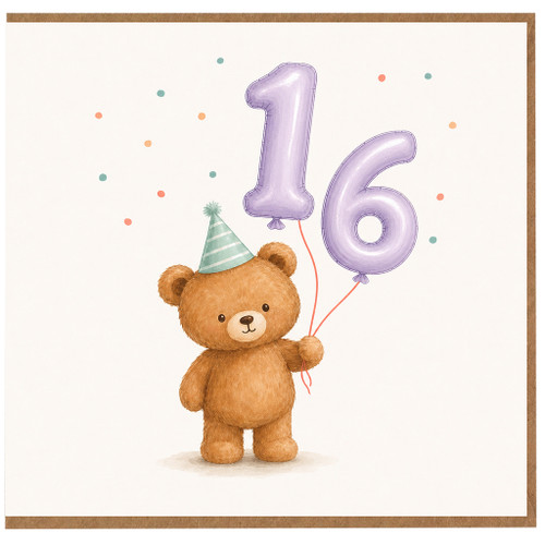 16th Birthday Card, Cute Teddy Bear Balloon Card