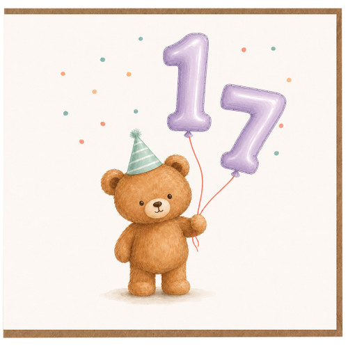 17th Birthday Card, Cute Teddy Bear with Party Hat and Number 17 Balloons