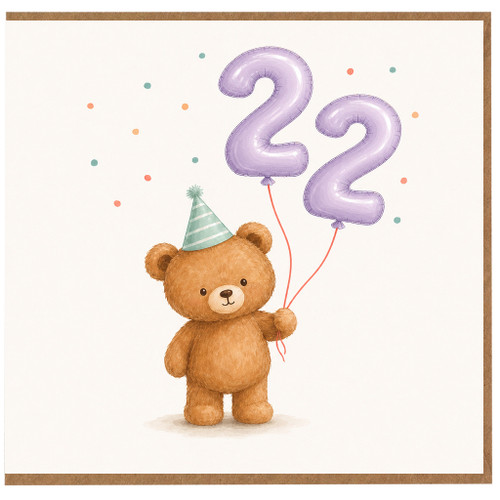 22nd Birthday Card, Cute Teddy Bear with Number Balloons