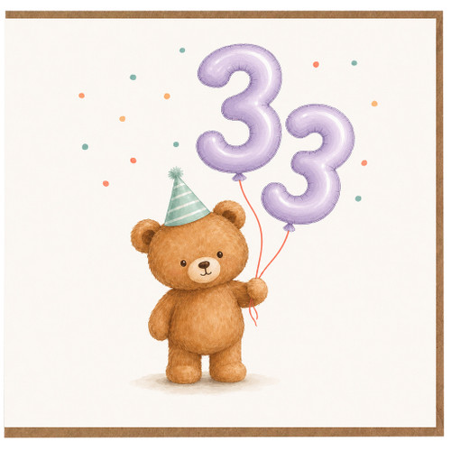 33rd Birthday Card, Cute Teddy Bear with Balloons