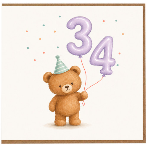 34th Birthday Card, Cute Teddy Bear Balloon Design