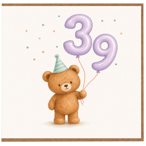 39th Birthday Card, Cute Teddy Bear with Balloons