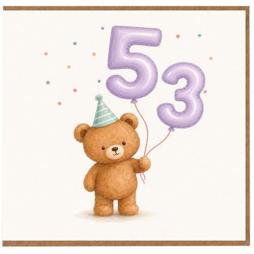 53rd Birthday Card, Cute Teddy Bear Balloon Card