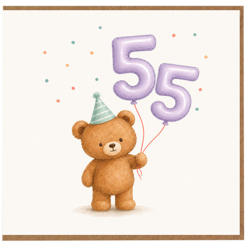 55th Birthday Card, Cute Teddy Bear and Balloon Number 5 Card