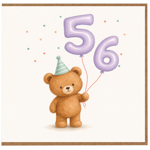 56th Birthday Card, Cute Teddy Bear Balloon Design