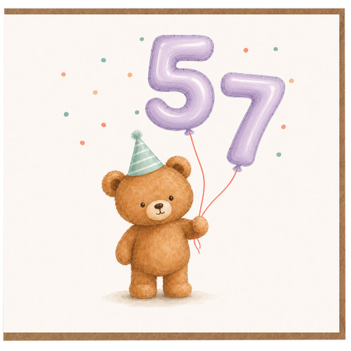 57th Birthday Card, Cute Teddy Bear Balloon Card