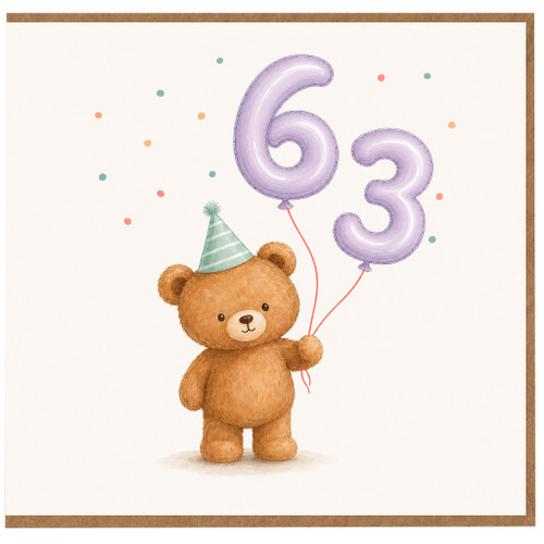 63rd Birthday Card, Cute Teddy Bear with Balloons