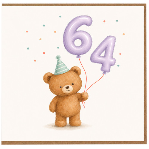 64th Birthday Card, for Her or Him Cute Teddy Bear Balloon Design