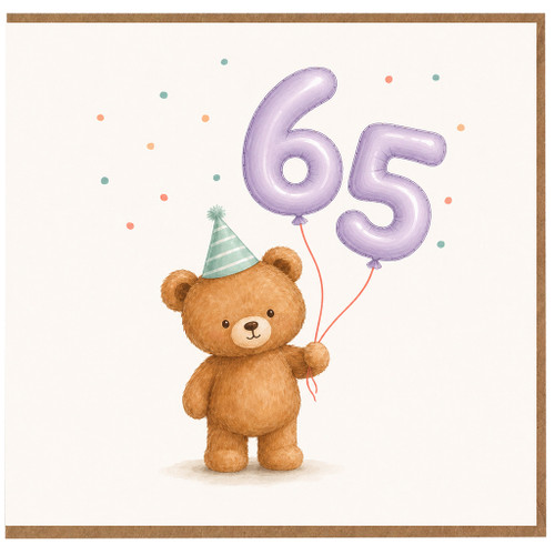 65th Birthday Card, Cute Teddy Bear with Balloons