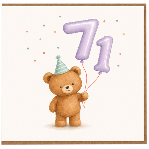 71st Birthday Card, Cute Teddy Bear with Balloons