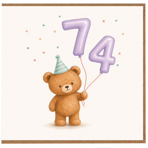 74th Birthday Card, Cute Teddy Bear with Party Hat and Balloons