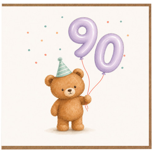 90th Birthday Card, Cute Teddy Bear Party Balloon Card