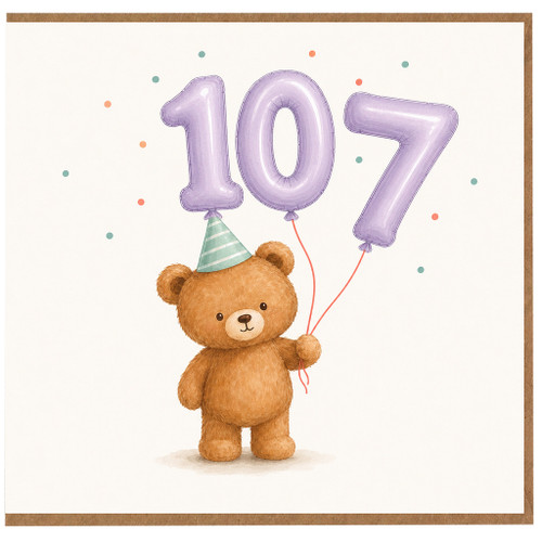 107th Birthday Card, Cute Teddy Bear Balloon Card