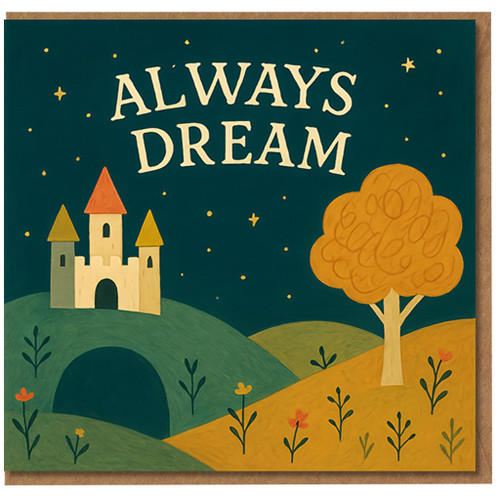 Always Dream Castle Illustrated Greeting Card - Inspirational Congratulations Card for Graduation or New Job - Blank Inside