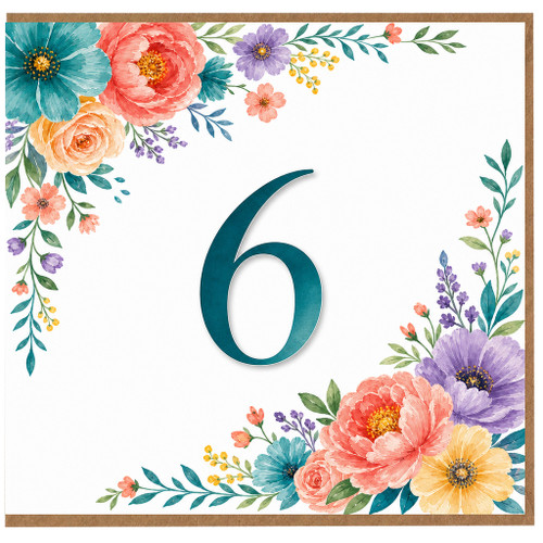 6th Birthday Card, Floral Number 6 Card