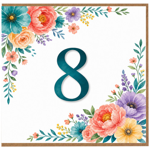 8th Birthday Card, Floral Number 8 Birthday Card