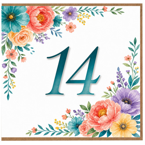14th Birthday Card, Floral Number 14 Card