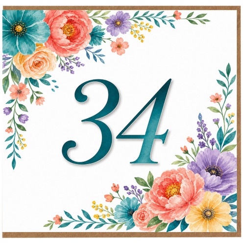 34th Birthday Card, Floral Watercolour Design