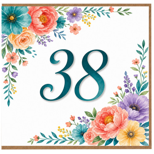 38th Birthday Card, Floral Number 38 Card