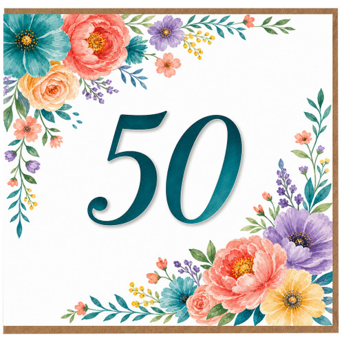 50th Birthday Card, Floral Teal Number 50 Elegant Botanical Design