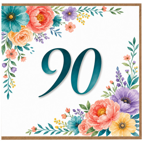 90th Birthday Card, Floral Watercolour Design