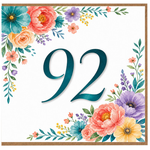 92nd Birthday Card, Floral Watercolour Number 92 Card