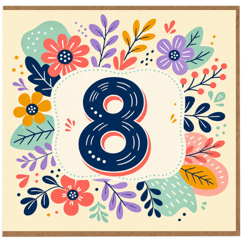8th Birthday Card, Colourful Floral Number 8 Card