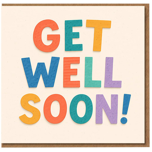 Get Well Soon Card - Colourful Cut-Out Letters Design - Encouragement & Recovery Card for Friend, Family or Colleague - Blank Inside with Envelope