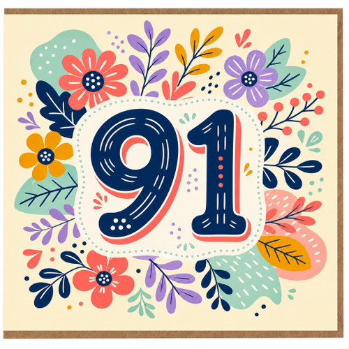 91st Birthday Card, Floral Number 91 Birthday Card