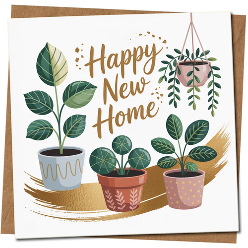 Happy New Home Card, Houseplants Design, 145mm x 145mm Square, Kraft Envelope, Housewarming Congratulations, Includes Kraft Envelope